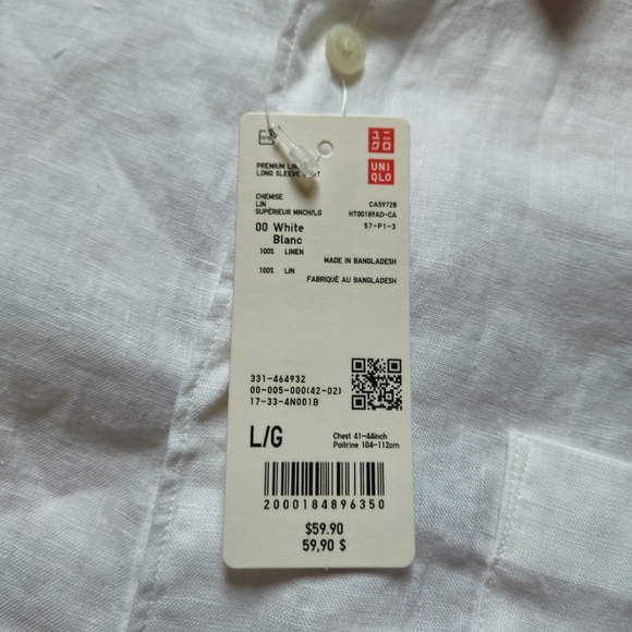 NTW UNIQLO MEN'S PREMIUM LINEN LONG SLEEVE SHIRT SIZE LARGE WHITE - Picture 4 of 6
